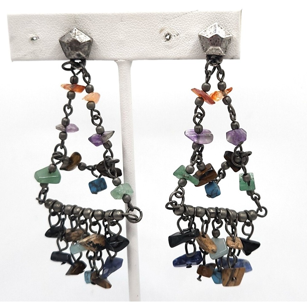 Bohemian Multi Gemstone Chandelier Drop Dangle 3" Earrings Silvertone Vintage